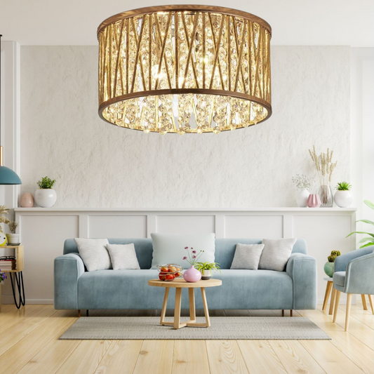 Luxury Design Crystal Drum Flush Ceiling Light, Gold RRP £195