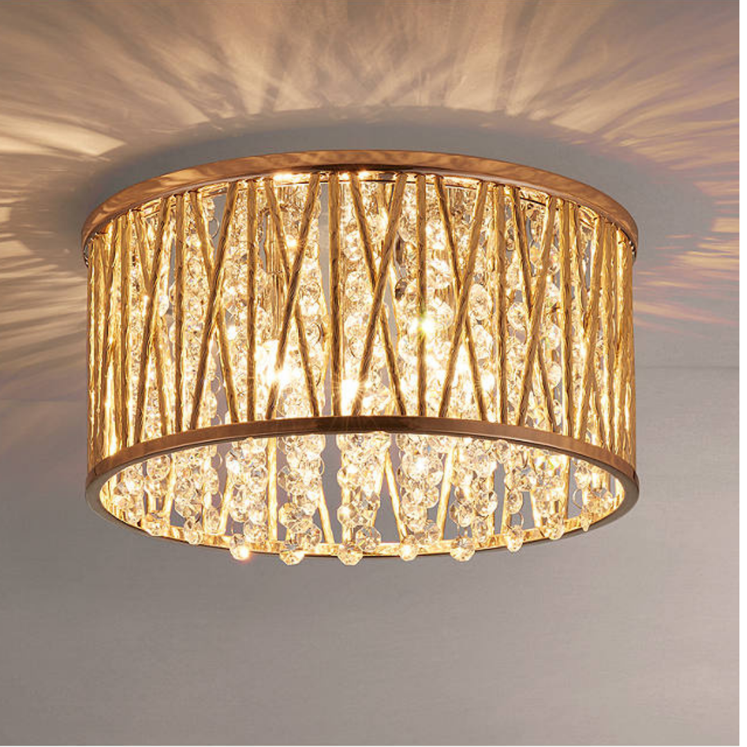 Luxury Design Crystal Drum Flush Ceiling Light, Gold RRP £195