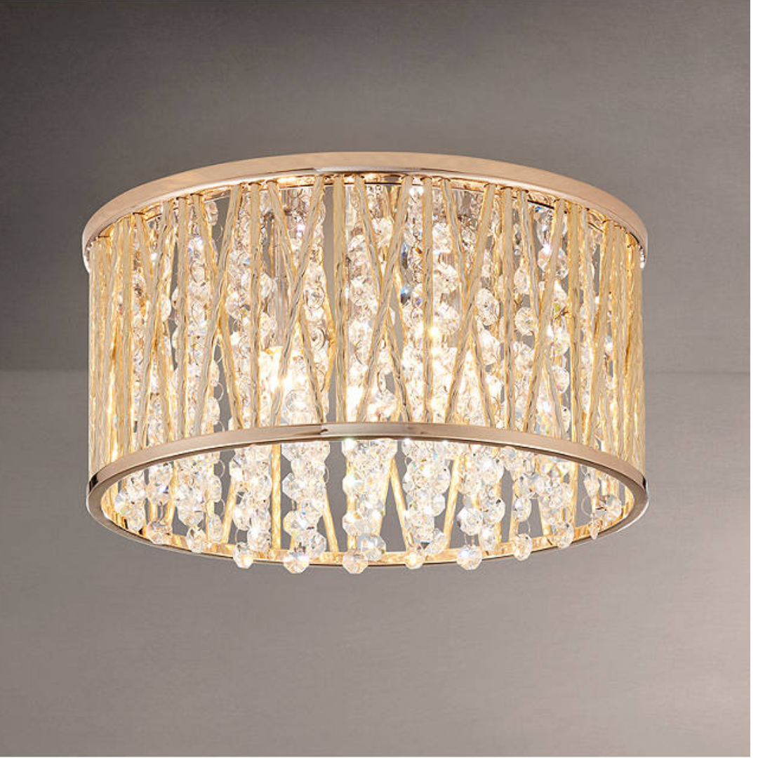 Luxury Design Crystal Drum Flush Ceiling Light, Gold RRP £195
