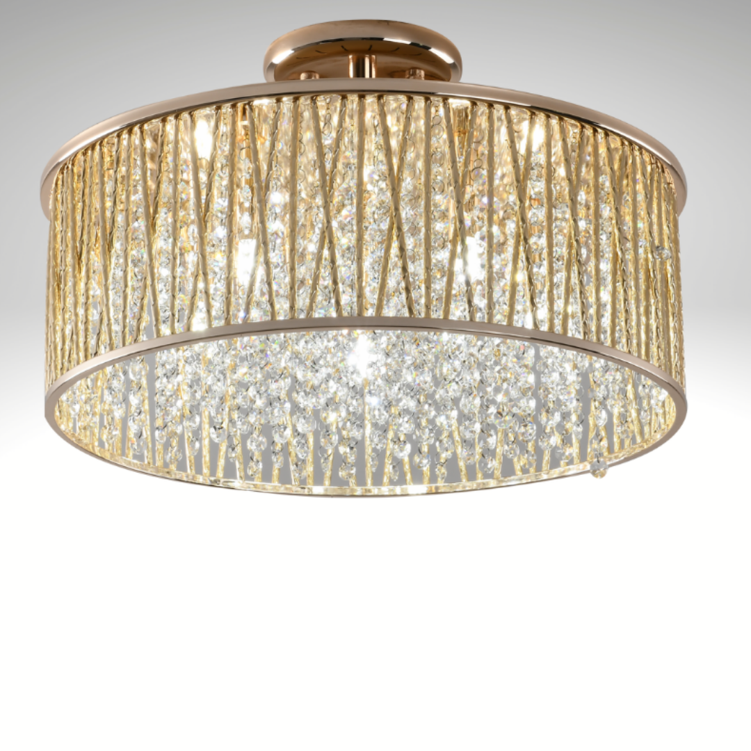 Luxury Design Large Crystal Drum Semi flush ceiling Light Gold RRP £295