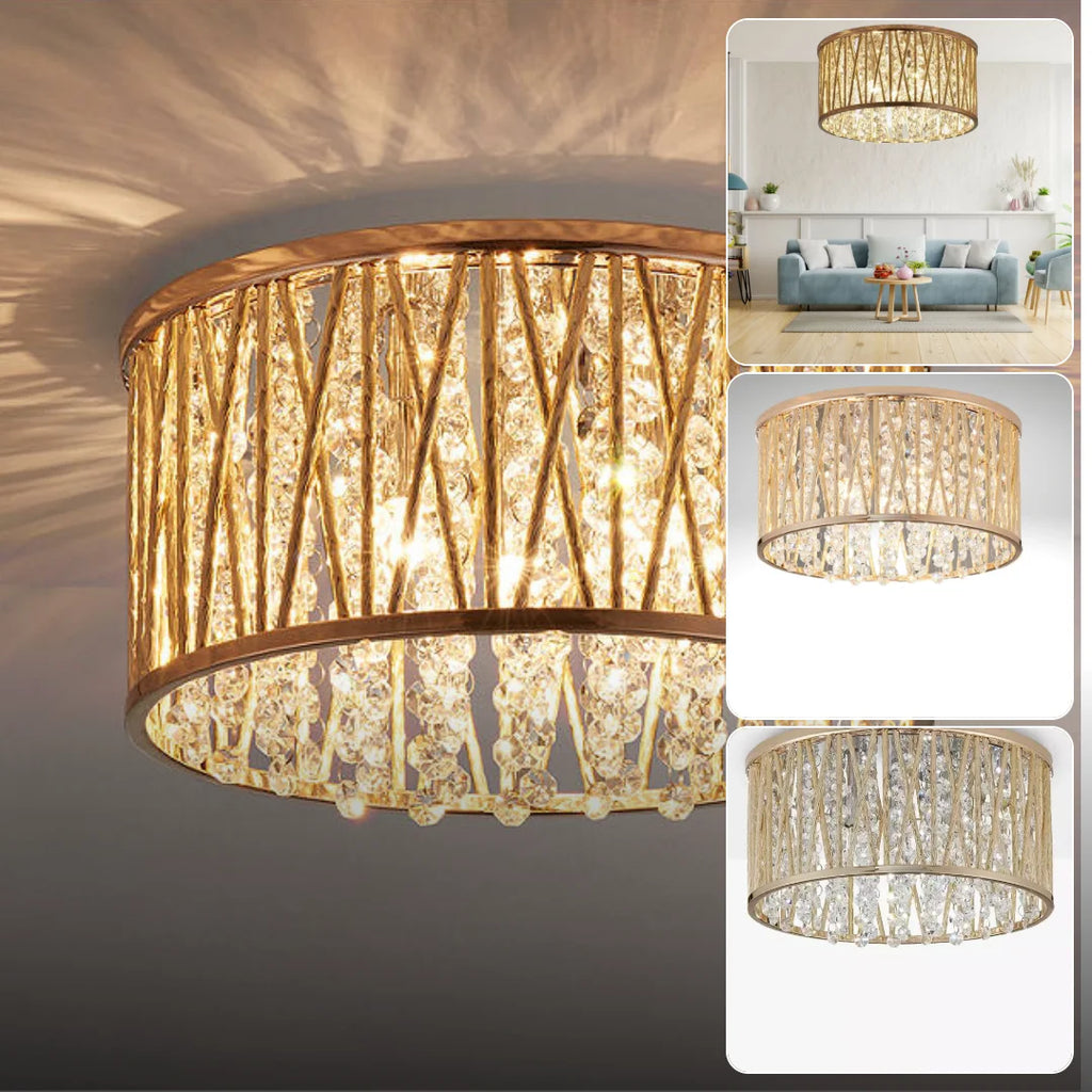 Luxury Design Crystal Drum Flush Ceiling Light, Gold RRP £195