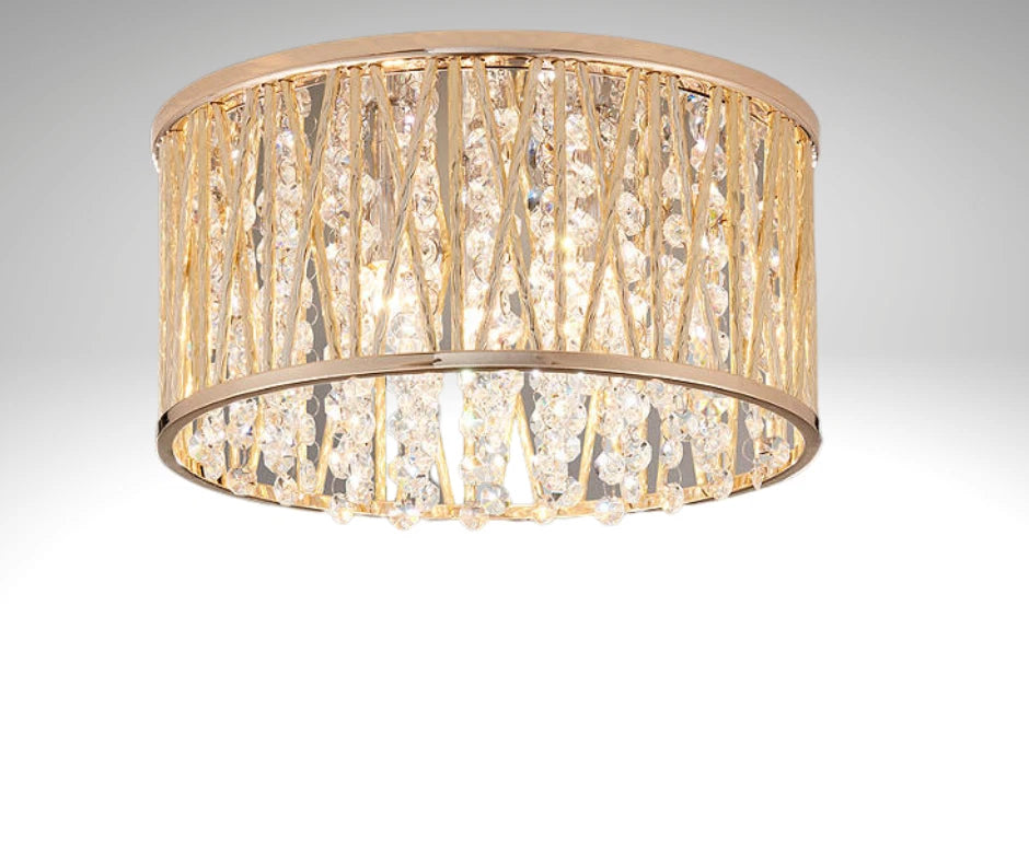 Luxury Design Crystal Drum Flush Ceiling Light, Gold RRP £195